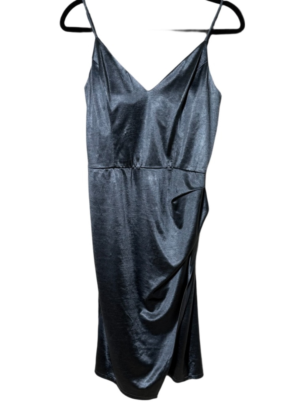 B Darlin Blue Gray Ruched Midi Dress Cowl Neck Spaghetti Strap Sz 13/14 2KEV617